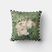 ヴィンテージホワイトローズ&チェッカーボード クッション (正面)