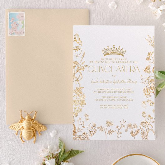 ヴィンテージホワイト金ゴールドティアラフローラキンセアニラ 招待状