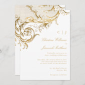 ヴィンテージホワイト金ゴールドフローラダマスクモノグラム結婚ズ 招待状 (正面/裏面)