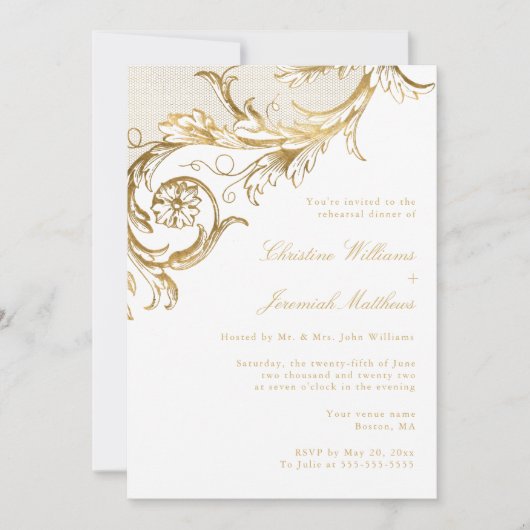 ヴィンテージホワイト金ゴールドフローラダマスクリハーサルディナー 招待状 (正面)