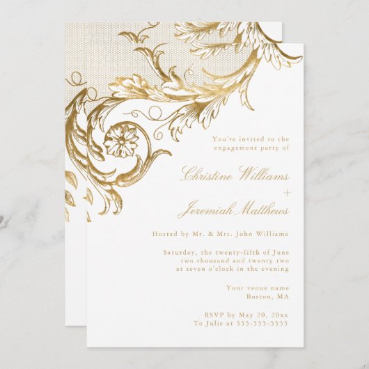ヴィンテージホワイト金ゴールドフローラダマスク婚約パーティ 招待状 (正面/裏面)