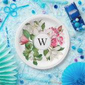 ヴィンテージホワイト&ピンクマグノリア花モノグラム ペーパープレート (パーティー)