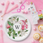 ヴィンテージホワイト&ピンクマグノリア花モノグラム ペーパープレート (パーティー)