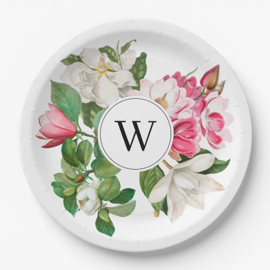 ヴィンテージホワイト&ピンクマグノリア花モノグラム ペーパープレート (正面)