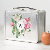 ヴィンテージホワイト&ピンクマグノリア花モノグラム メタルランチボックス (インサイチュ)