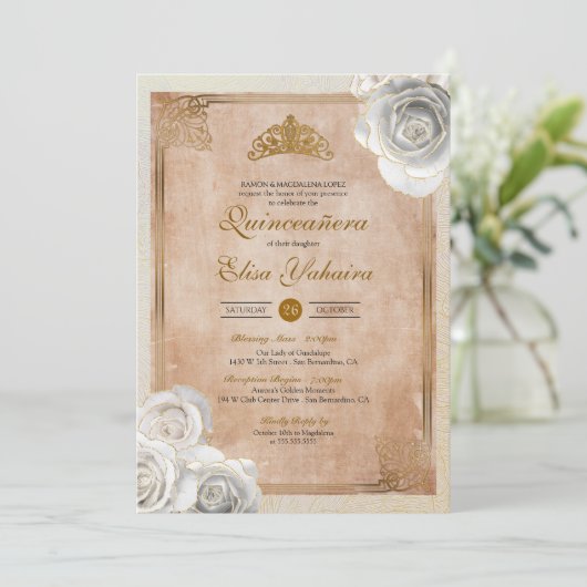 ヴィンテージホワイト&金ゴールドバラ王室のキンセアニェラ 招待状 (スタンド正面)