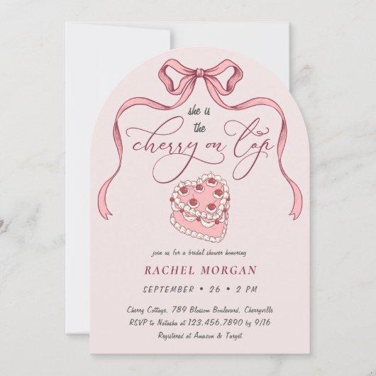 ヴィンテージボウさくらんぼオントップケーキピンクブライダルシャワー 招待状 (正面)