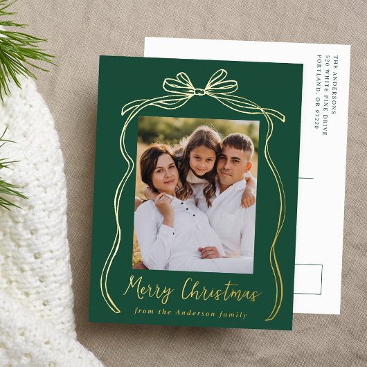 ヴィンテージボウメリークリスマスグリーン写真 箔シーズンポストカード