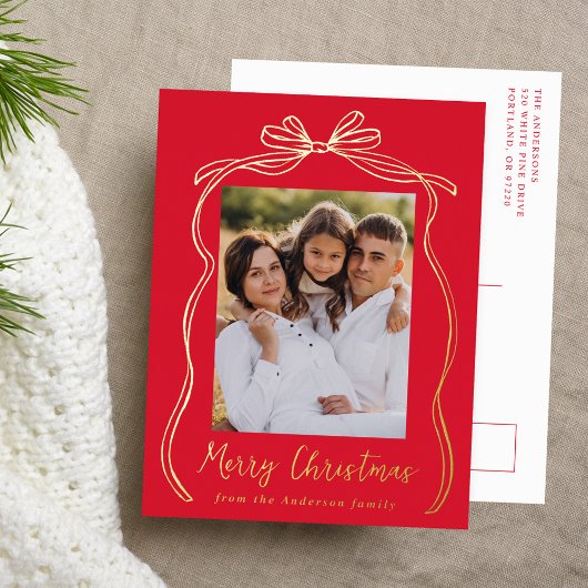 ヴィンテージボウメリークリスマスレッド写真 箔シーズンポストカード