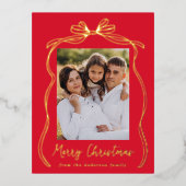 ヴィンテージボウメリークリスマスレッド写真 箔シーズンポストカード (正面)