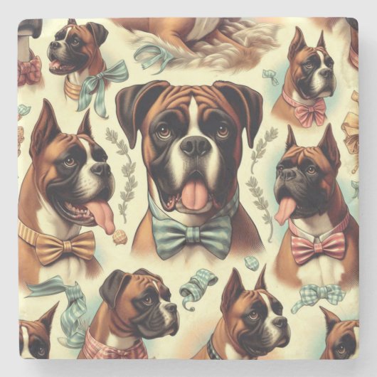 ヴィンテージボクサー犬シームレス ストーンコースター (正面)