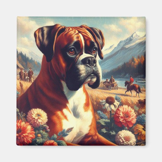 ヴィンテージボクサー絵画ドッグ マグネット (正面)