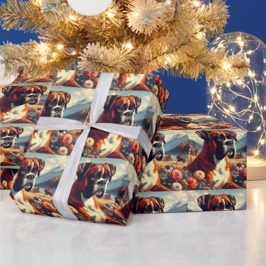 ヴィンテージボクサー絵画ドッグ ラッピングペーパー (クリスマス)