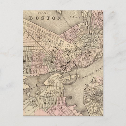 ヴィンテージボストンの地図(1880年) ポストカード (正面)