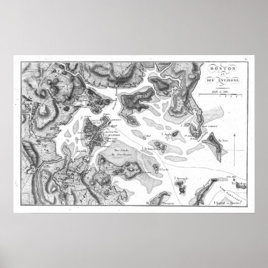 ヴィンテージボストンハーバーの地図（1807年） BW ポスター (正面)