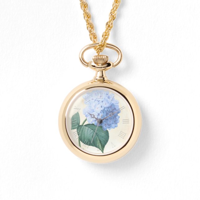 ヴィンテージボタニカルウォーターカラーブルーアジサイW 腕時計 (正面)