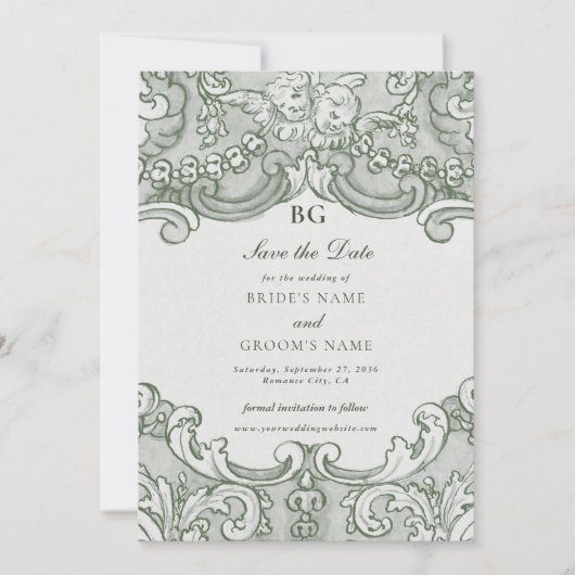 ヴィンテージボタニカルグリーンガーデン結婚パーティーテーマ セーブザデート (正面)