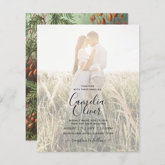 ヴィンテージボタニカルグリーンテラコッタウェディング招待 (正面/裏面)