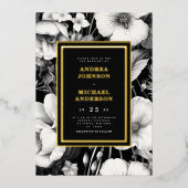 ヴィンテージボタニカルスケッチブラック結婚フローラ実在ズ 箔招待状 (正面)