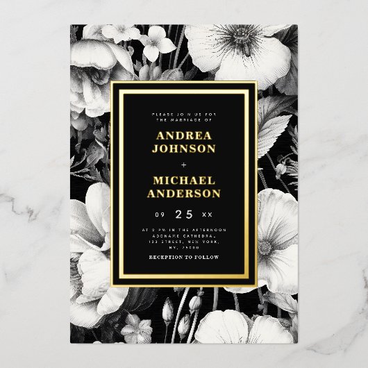 ヴィンテージボタニカルスケッチブラック結婚フローラ実在ズ 箔招待状 (正面)
