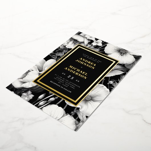 ヴィンテージボタニカルスケッチブラック結婚フローラ実在ズ 箔招待状 (回転した状態)