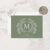 ヴィンテージボタニカルセージグリーンフローラクレストモノグラム ノートカード (正面/裏面インサイチュ)