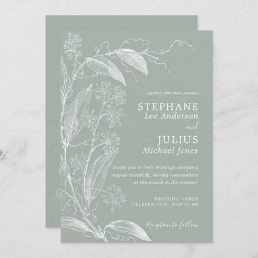 ヴィンテージボタニカルセージグリーン結婚式招待状 招待状 (正面/裏面)