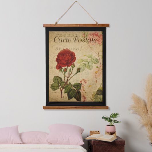 ヴィンテージボタニカルタペストリー – バラブラック背景 吊り下げ型タペストリー (寝室)