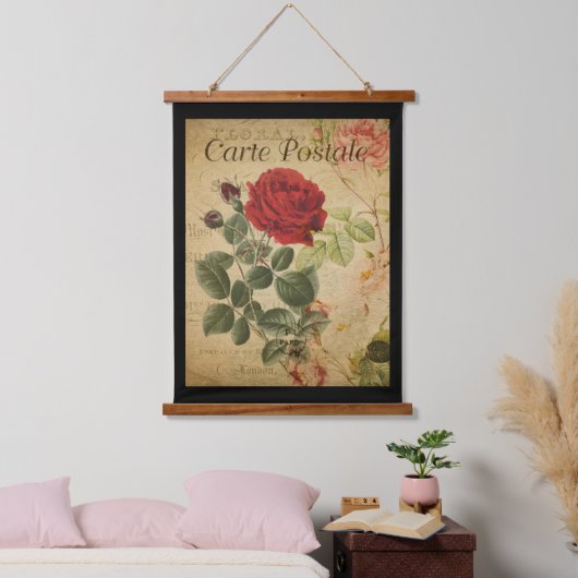 ヴィンテージボタニカルタペストリー – バラブラック背景 吊り下げ型タペストリー (寝室)