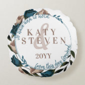 ヴィンテージボタニカルティール（緑がかった色）ベージュバラ結婚ズ ラウンドクッション (正面)