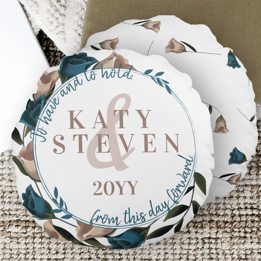 ヴィンテージボタニカルティール（緑がかった色）ベージュバラ結婚ズ ラウンドクッション