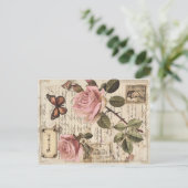 ヴィンテージボタニカルピンクローズ&バタフライエフェメラ シーズンポストカード (スタンド正面)