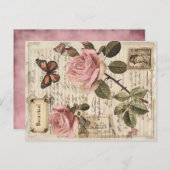 ヴィンテージボタニカルピンクローズ&バタフライエフェメラ シーズンポストカード (正面/裏面)