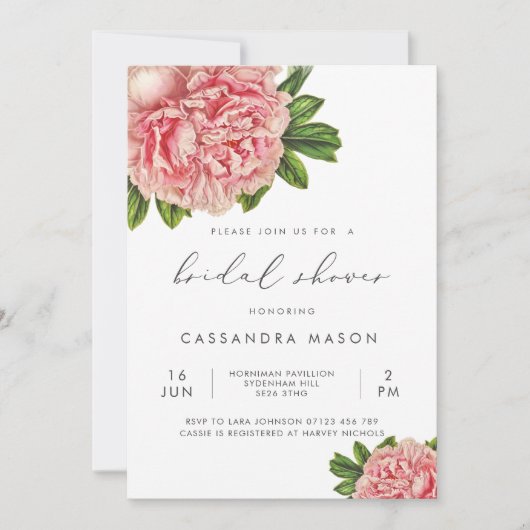 ヴィンテージボタニカルピンク牡丹ブライダルシャワー 招待状 (正面)