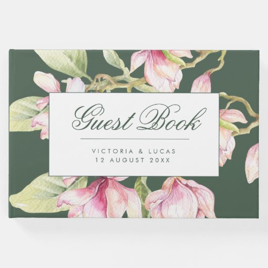 ヴィンテージボタニカルピンク&セージ結婚グリーン ゲストブック (正面)