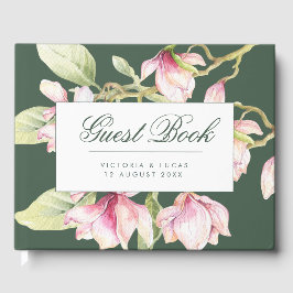 ヴィンテージボタニカルピンク&セージ結婚グリーン ゲストブック