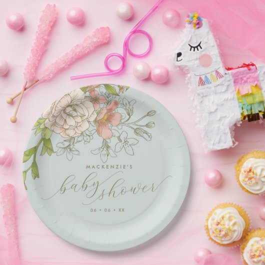 ヴィンテージボタニカルピーチ&ブルーフローラベビーシャワー ペーパープレート (パーティー)