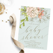 ヴィンテージボタニカルピーチ&ブルーフローラベビーシャワー 招待状