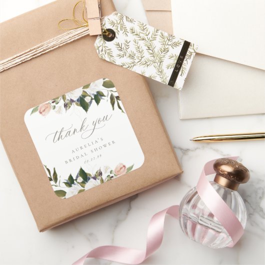 ヴィンテージボタニカルフローラサンキュースクエアステッカー スクエアシール (ギフト)