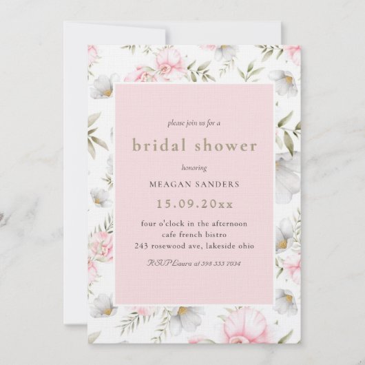 ヴィンテージボタニカルフローラピンクローズブライダルシャワー 招待状 (正面)