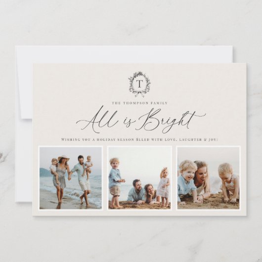 ヴィンテージボタニカルモノグラム3フォトホリデーカード シーズンカード (正面)