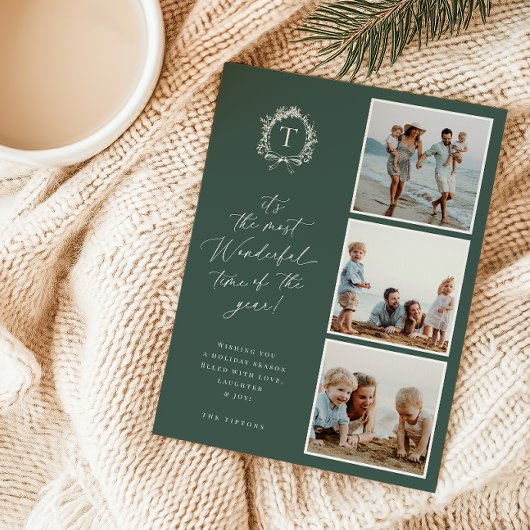 ヴィンテージボタニカルモノグラム3フォトホリデーカード シーズンカード