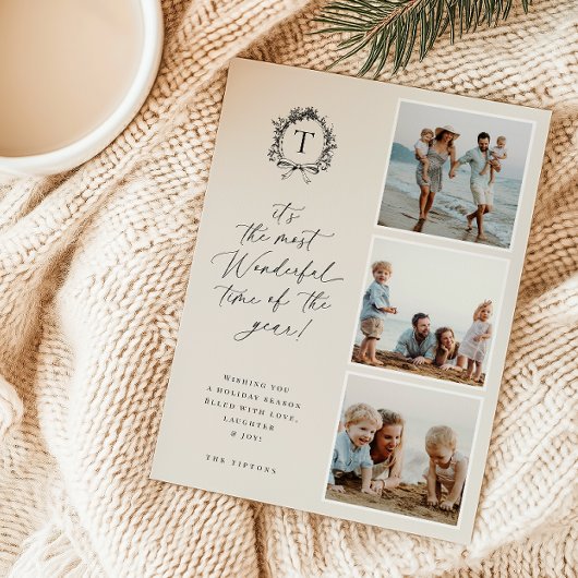 ヴィンテージボタニカルモノグラム3フォトホリデーカード シーズンカード