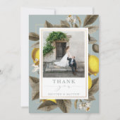 ヴィンテージボタニカルレモ結婚ンの埃っぽい青い写真 サンキューカード (正面)