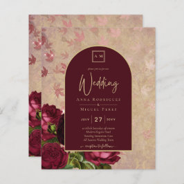 ヴィンテージボタニカル深いレッドロ結婚ーズ金ゴールド文字