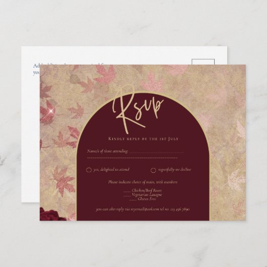 ヴィンテージボタニカル深いレッドロ結婚ーズ金ゴールド文字 ポストカード (正面/裏面)