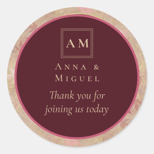 ヴィンテージボタニカル深いレッドロ結婚ーズ金ゴールド文字 ラウンドシール (正面)