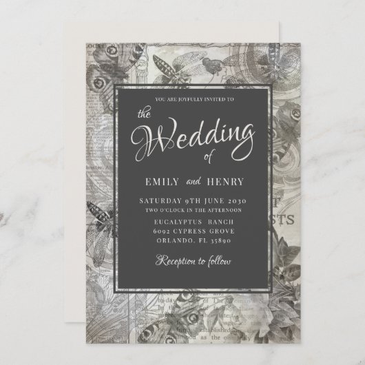ヴィンテージボタニッ結婚ク 招待状 (正面/裏面)