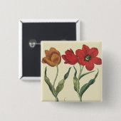 ヴィンテージボタニー、咲くチューリップ花と球根 缶バッジ (正面&裏面)