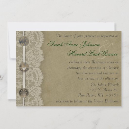 ヴィンテージボタンとレース招待状 招待状 (正面)